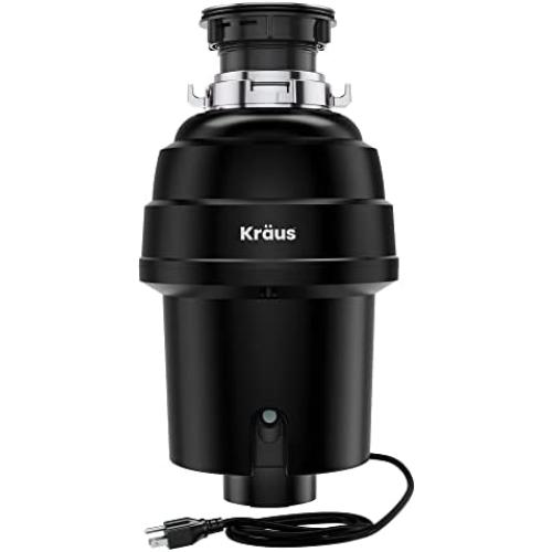 Kraus KWD100-100MBL WasteGuard 1 HP Continuous Feed Garbage Disposal with Ultra-Quiet Motor for Kitchen Sinks with Power Cord and Flange Included, 16 1/2 inch, Black