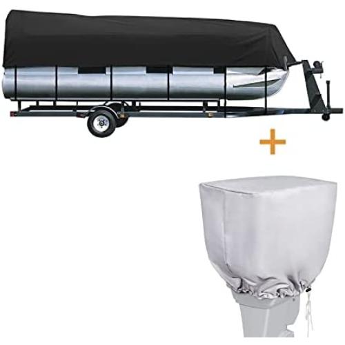iCOVER 17-20ft Trailerable Pontoon Boat Cover with 600D Heavy Duty Outboard Motor Cover