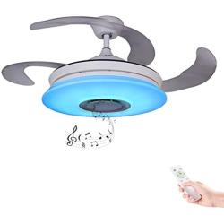 HOREVO Fandelier Retractable Blades Ceiling Fans with Lights and Bluetooth Speaker 42 Inch Invisible Chandelier Fan Color Changing Dimmable 36W Hidden Ceiling Fan with Lights with Remote