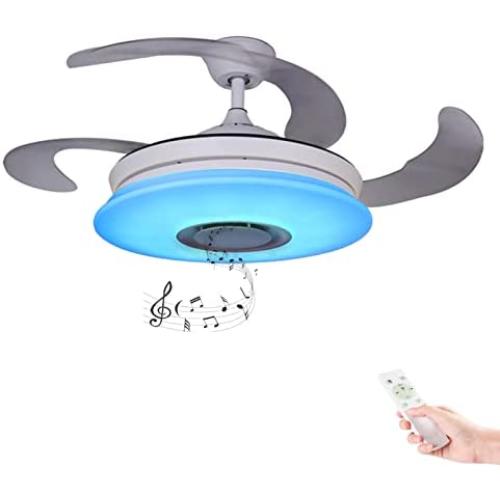 HOREVO Fandelier Retractable Blades Ceiling Fans with Lights and Bluetooth Speaker 42 Inch Invisible Chandelier Fan Color Changing Dimmable 36W Hidden Ceiling Fan with Lights with Remote