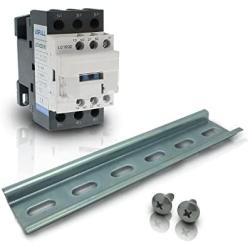Shopcorp Contactor, 110-120V Coil, Motor Load 32A, Lighting 40A, 50A Bundle with Slotted Steel Zinc Plated DIN Rail, 35 Millimeters x 6 Inches – 1 Piece with 2 Number 10 Screws