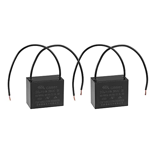 uxcell Ceiling Fan Capacitor CBB61 20uF 250V AC 2 Wires Metallized Polypropylene Film Capacitor 48x38x26mm for Electric Fan Pump Motor Generator 2Pcs