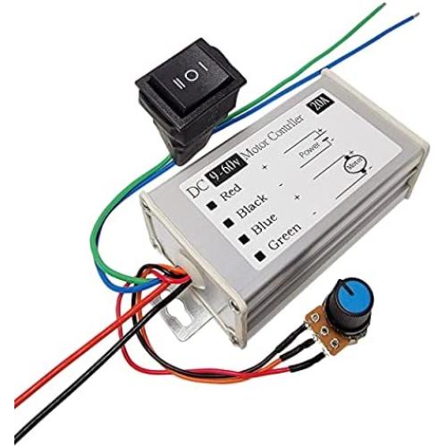 DC Motor Speed Controller 20A 1200W Brush Motor Driver Controls DC 9V-60V 12V 24V 36V 48V 60V Motor Pulse Width Modulator Regulator PWM Monitor Dimmer Governor with Switch & Knob
