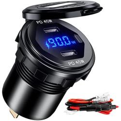 BATIGE Dual PD 45W USB C Charger Socket Fast Charge Dual PD USB C Port Waterproof with Switch LED Voltmeter and Wire Fuse DIY Kit for 12V/24V Car Boat Marine ATV Bus Truck RV Motorcycle