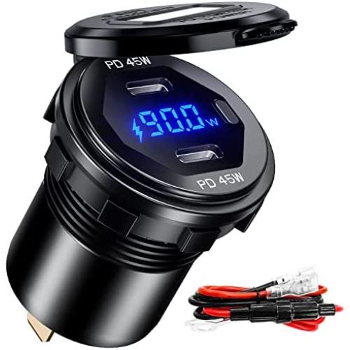BATIGE Dual PD 45W USB C Charger Socket Fast Charge Dual PD USB C Port Waterproof with Switch LED Voltmeter and Wire Fuse DIY Kit for 12V/24V Car Boat Marine ATV Bus Truck RV Motorcycle