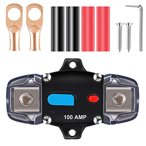 100 AMP Circuit Breaker,12V-48V DC Fuse Holder with Manual Reset，0-8 Gauge Trolling Motor Car Stereo Audio Inline Fuse Block Holders Inverter，  for Automotive RV Home Marine Boat Truck
