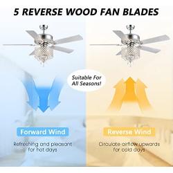 52 inch Crystal Ceiling Fan with Lights, Siljoy Gorgeous Crystal Fandelier Ceiling Fan 5 Reverse Wood Blades, Remote Control, Modern Indoor Chandeliers Fan Light Kit for Bedroom Dining Room, Chrome