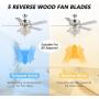 52 inch Crystal Ceiling Fan with Lights, Siljoy Gorgeous Crystal Fandelier Ceiling Fan 5 Reverse Wood Blades, Remote Control, Modern Indoor Chandeliers Fan Light Kit for Bedroom Dining Room, Chrome
