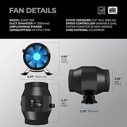 TerraBloom ECMF-100, Quiet 4 Inch Inline Duct Fan with Variable Speed Controller – Ventilation Exhaust Fan for Heating Cooling Booster and Grow Tents