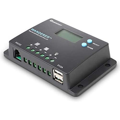Renogy 10 Amp 12V/24V PWM Negative Ground Solar Charge Controller Compact Design w/LCD Display for AGM, Gel, Flooded and Lithium Battery, Wanderer 10A