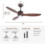 Ovlaim 52 Inch Walnut Wood DC Motor Ceiling Fan with Light, Dimmable LED Lighting & Large Propeller 6 Speed Quiet Ceiling Fan with Remote Control 3 Blades for Outdoor Patio, Brown