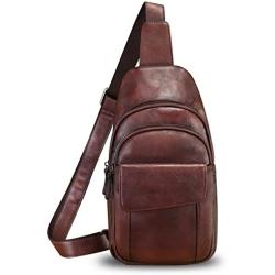 Genuine Leather Sling Bag Crossbody Motorcycle Bag Handmade Chest Bag Hiking Daypack Retro Shoulder Backpack (Coffee)