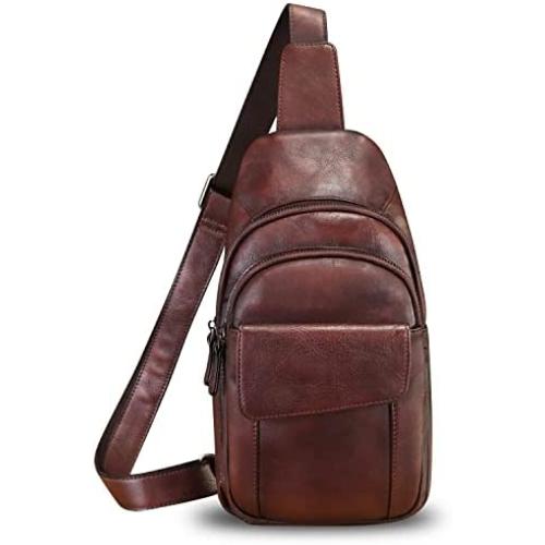 Genuine Leather Sling Bag Crossbody Motorcycle Bag Handmade Chest Bag Hiking Daypack Retro Shoulder Backpack (Coffee)