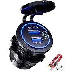 Quick Charge 3.0 Dual USB Charger Socket, Waterproof 12V/24V USB Outlet QC3.0 Fast Charger Socket with Touch Switch DIY Kit for Car, Golf Cart, Marine, Boat, RV, Motorcycle, Truck, etc (Blue)