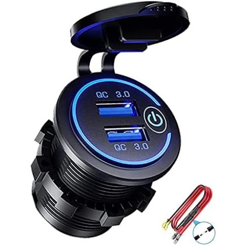 Quick Charge 3.0 Dual USB Charger Socket, Waterproof 12V/24V USB Outlet QC3.0 Fast Charger Socket with Touch Switch DIY Kit for Car, Golf Cart, Marine, Boat, RV, Motorcycle, Truck, etc (Blue)