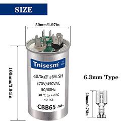 Tnisesm 45+5 uF 45/5 MFD ±6% 370V/440 AC CBB65B Capacitor Dual Run Circular Start Capacitor, 9PCS Spade Terminal, Capacitor for AC Motor Run or Fan Start or Condenser Straight