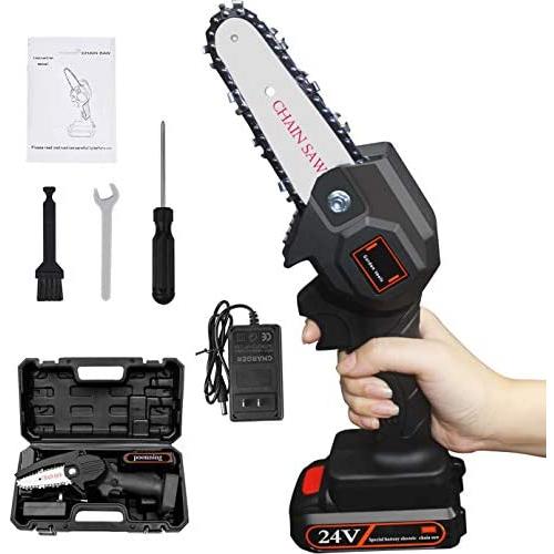Mini Chainsaw 4 Inch Cordless Electric Protable Chainsaw with Brushless Motor, One-Hand Lightweight, Pruning Shears Chainsaw for Tree Branch Wood Cutting (Chainsaw+ 1 Batteries+ 1 Chains)