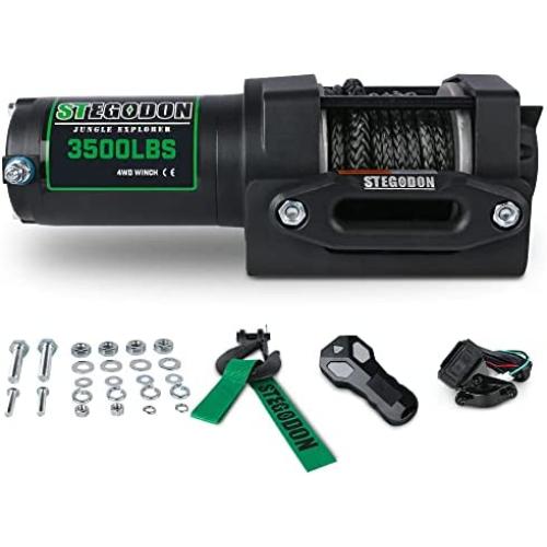 STIMULATER New 3500lbs.Load Capacity Winch 12V Synthetic Rope Winch Waterproof IP 67 Electric Winch with Wired Remote and Wireless Remotes,Hawse Fairlead, Strap and Hook for ATV/UTV/Boat (Black)…
