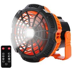 Portable Camping Fan with LED Light, USB Rechargeable Fan High Capacity Battery 3 Speeds Adjustable Remote Control Ceiling Hanging Tent Fan for Outdoor Camping Lantern Emergency, Home, Office, Travel