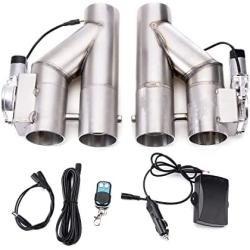 RJSPHH 3 Inch Electric Exhaust Cutout Motor E-cut Valve Kit Dual Flaps Type, Y Pipe 2 pcs with One Controller Remote Kit