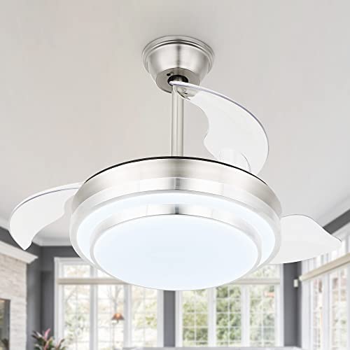36 Inch Retractable Ceiling Fan with Lights and Remote Control, Modern Ceiling Fan with Retractable Blades, DC Motor, 6 Speed, 3 Light Color Change, 3 Timing Options Brushed Nickel