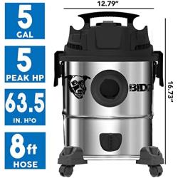 BIDZ 5 Gallon, Powerful 5 Peak HP Motor, 63.5 Water Lift Suction Power, Heavy-Duty Stainless Steel Semi- Commercial Shop Vacuum System, Commercial Grade 8FT Hose