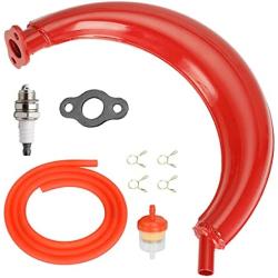 FVRITO 40mm Half Moon Curving Exhaust Muffler Pipe Silencer Gasket Fuel Line Filter and Spark Plug for 2 Stroke 80cc 66cc 60cc 49cc Engine Gas Motorized Bicycle Motor Bike Red