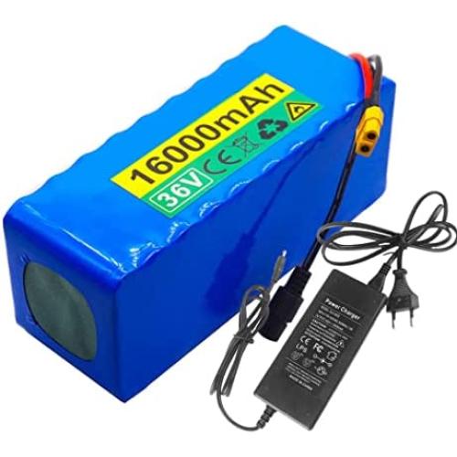 Jieoto E-Bike Lithium Battery 36V 16Ah 10S 5P Lithium-ion Battery Pack for 200W 250W 350W 500W Motor with 42V Charger Fit for Electric Street Bike Tricycles Electric Scooter
