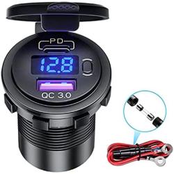 USB C Car Charger Socket, 48W Dual PD USB C Quick Charge 3.0 USB Car Power Outlet 12V/24V Car Socket with LED Voltmeter and ON/Off Switch for Car, Marine, Boat, Motorcycle, Truck, RV
