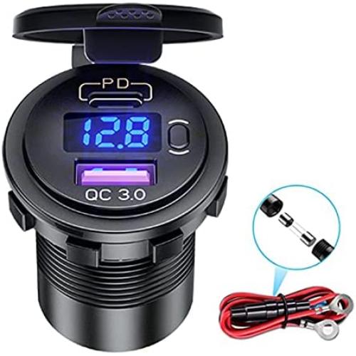 USB C Car Charger Socket, 48W Dual PD USB C Quick Charge 3.0 USB Car Power Outlet 12V/24V Car Socket with LED Voltmeter and ON/Off Switch for Car, Marine, Boat, Motorcycle, Truck, RV