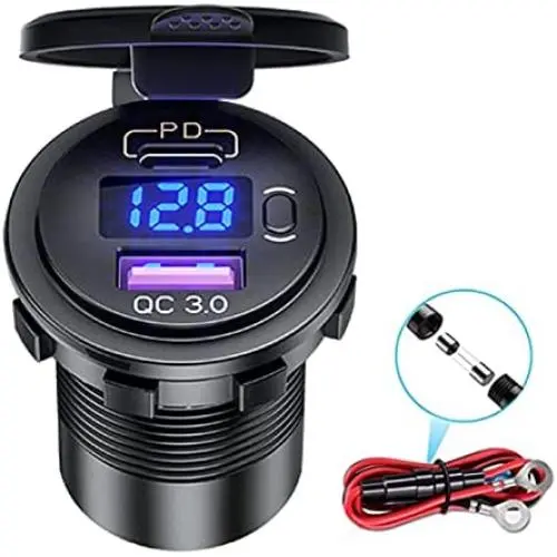 USB C Car Charger Socket, 48W Dual PD USB C Quick Charge 3.0 USB Car Power Outlet 12V/24V Car Socket with LED Voltmeter and ON/Off Switch for Car, Marine, Boat, Motorcycle, Truck, RV