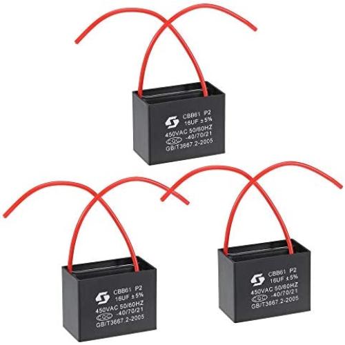 uxcell Ceiling Fan Capacitor CBB61 16uF 450V AC 2 Wires Metallized Polypropylene Film Capacitor 52x40x28mm for Electric Fan Pump Motor Generator 3Pcs