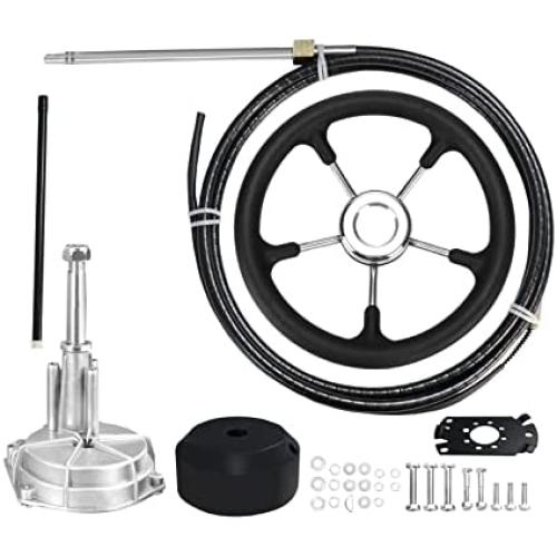 14ft Outboard Steering System Mechanical Boat Rotary Steering Kit Turbine Outboard Steering Cable with Luxury Foamed Steering Wheel