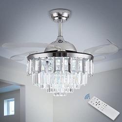 Crystal LED Ceiling Fans with Lights and Remote Controller 42 Inches Modern Fandelier Ceiling Lighting Fixture Crystal Fan Light Kit for Bedroom Dinning Room Living Room (Chrome Polished)
