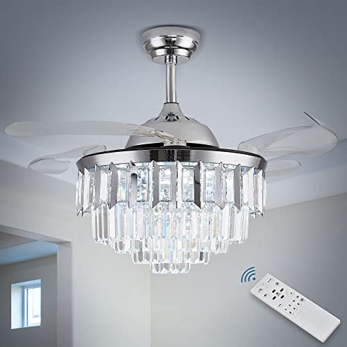 Crystal LED Ceiling Fans with Lights and Remote Controller 42 Inches Modern Fandelier Ceiling Lighting Fixture Crystal Fan Light Kit for Bedroom Dinning Room Living Room (Chrome Polished)