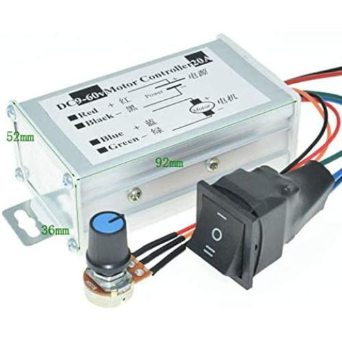 DC Motor Speed Controller DC 9-60V Pulse Width Modulation Regulator 20A 1200W Stepless Variable Speed/Forward and Reverse with Knob & Button Switch