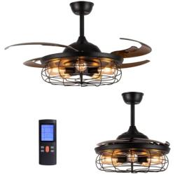 Siljoy 48 Industrial Ceiling Fan with Lights, Black Fandelier Retractable Ceiling Fan with Remote, Vintage Caged Chandelier Fan Light Fixture for Living Dining Room Bedroom, 5 x E26 Not Included