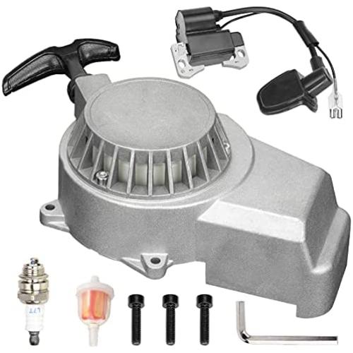 FVRITO Alloy Easy Pull Recoil Start Starter Spark Plug Ignition Coil for 2 Stroke 47cc 49cc 50cc SYX Taotao Coolster SSR Chinese ATV Quad 4 Wheeler Go kart Pit Dirt Mini Pocket Bike Motor Silver