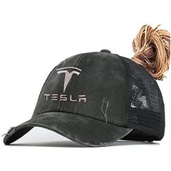 ARKOSKNIGHT Embroidered Tesia Hats Cross Ponytail Hat Washed Distressed Mesh Womens Baseball Cap Dad Hat Ponytail Hat for Women(Ponytail Black)