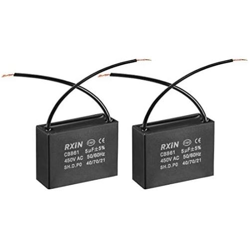 uxcell Ceiling Fan Capacitor CBB61 5uF 450V AC 2 Wires Metalized Polypropylene Film Capacitors 47x17.5x34.5mm for Water Pump Motor Generator, Pack of 2