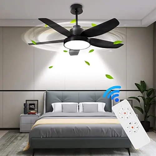 KAPOEFAN 46 Black Ceiling Fan with Lights and Remote, Flush Mount Ceiling Fan with Lights, Modern Ceiling Fan with Noiseless Reversible DC Motor - Adjustable Color Temperature - 6 Speeds -Timing Function for Indoor and Outdoor