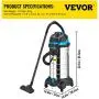 Extracteur de poussière VEVOR, 11 Gallons Filtre HEPA Humide et Sec, Nettoyage Automatique de la Poussière, Aspirateur Puissant 1200W, Aspirateur Industriel avec Accessoires