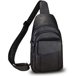 Genuine Leather Sling Bag Crossbody Motorcycle Bag Handmade Chest Bag Hiking Daypack Retro Shoulder Backpack (Darkgrey)