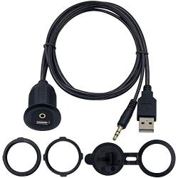 Duttek USB &3.5mm Flush Mount Cable, USB2.0 & 3.5mm Car Mount Flush Cable 3.5mm&USB2.0 AUX Extension Dash Panel Waterproof Mount Cable for Car Boat and Motorcycle 1M/3.3Feet