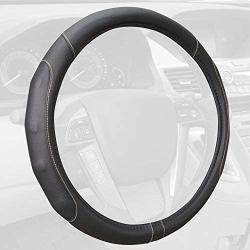 Motor Trend GripDrive Faux Black Leather Steering Wheel Cover for Car Truck Van SUV, Standard 15 inch Size, Beige Accent Stitched Car Steering Wheel Cover