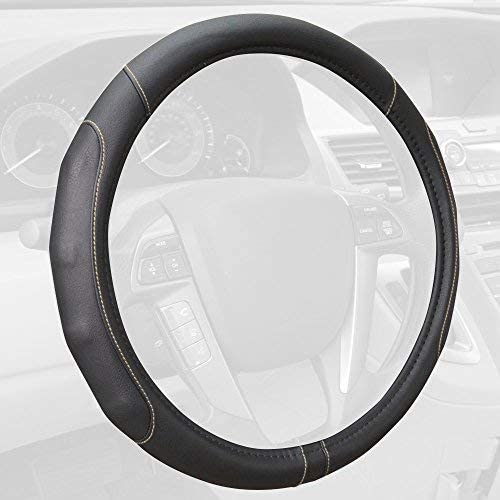 Motor Trend GripDrive Faux Black Leather Steering Wheel Cover for Car Truck Van SUV, Standard 15 inch Size, Beige Accent Stitched Car Steering Wheel Cover