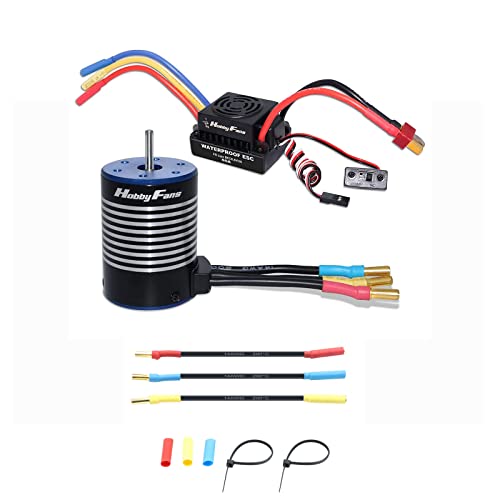 Hobby Fans Upgrade Waterproof 3650 4300KV Brushless Motor 3.175mm Shaft and 60A ESC Combo Set with 3Pcs Extension Cable Wire for 1/10 RC Car Truck
