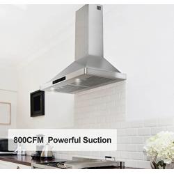 30 inch Wall Mount Range Hood 800CFM, with DC Motor, Stainless Steel Vent Hood with 6 Speeds Exhaust Fan, Convertible to Ducted and Ductless