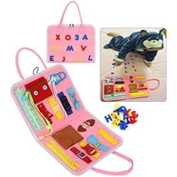 KOCNYDEY Busy Board Montessori Toys Toddlers Preschool Sensory Board Toys to Learn Fine Motor Skills Educational Toys for 1 2 3 4 Year Old Boys & Girls Travel Activities with Buckles(Pink)