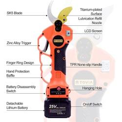 T TOVIA Professional Cordless Electric Pruning Shears, 25V Battery Powered Garden Tree Trimmer with Brushless Motor, 1 Lithium Battery, 40mm Cutting Diameter, LCD Power Display